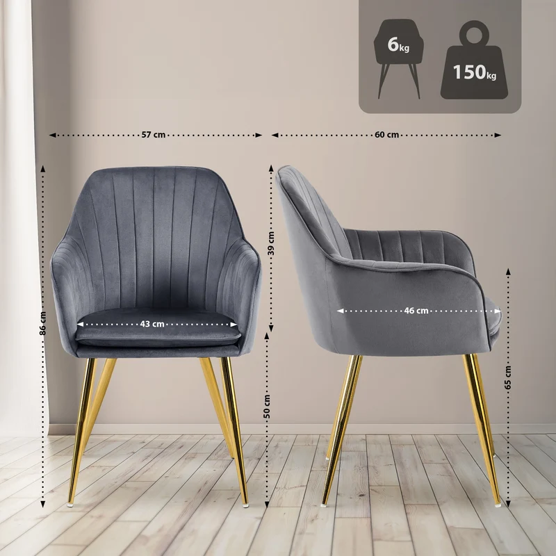 Fauteuil élégant en velours gris avec coutures verticales et pieds métal dorés 10_0007360