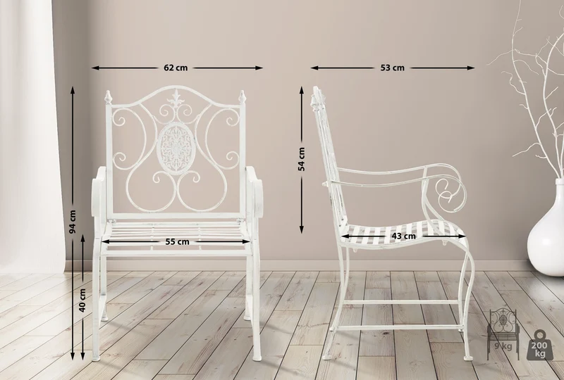 Lot de 2 fauteuils en métal blanc vieilli avec motifs décoratifs – jardin ou terrasse 10_0008018