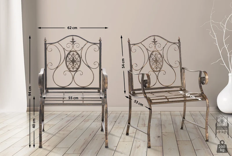 Lot de 2 fauteuils en métal bronze avec motifs décoratifs – jardin ou terrasse 10_0007907