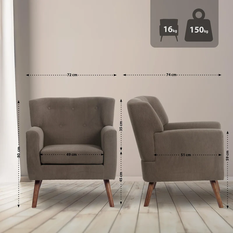Fauteuil élégant en velours côtelé marron foncé avec dossier à boutons capitonnés pieds en bois 10_0008243