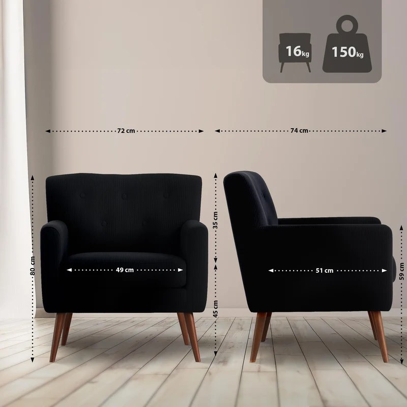 Fauteuil élégant en velours côtelé noir avec dossier à boutons capitonnés pieds en bois 10_0008237