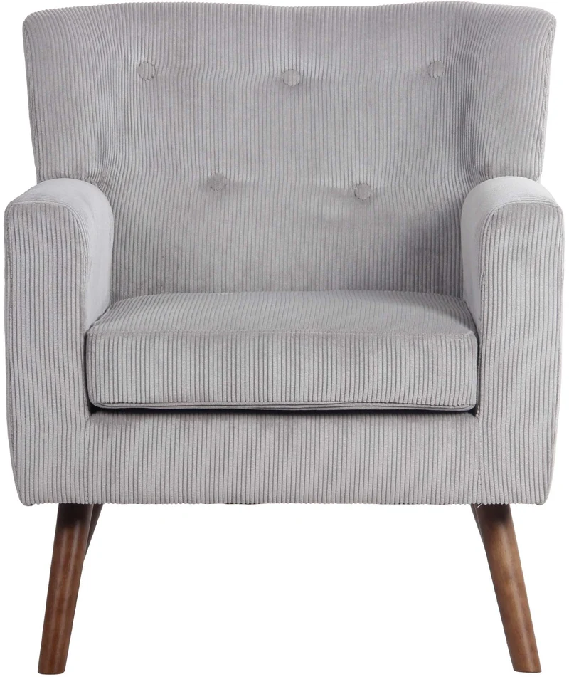 Fauteuil élégant en velours côtelé gris avec dossier à boutons capitonnés pieds en bois 10_0008228