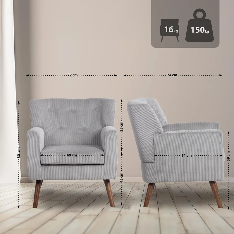 Fauteuil élégant en velours côtelé gris avec dossier à boutons capitonnés pieds en bois 10_0008228