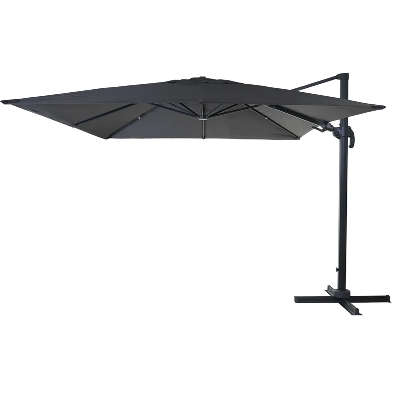 Parasol professionnel restaurant pour jardin terrasse, 3x3m (Ø4,24m) pivotant, polyester aluminium/acier 23kg anthracite sans pied, rotatif 04_0003440