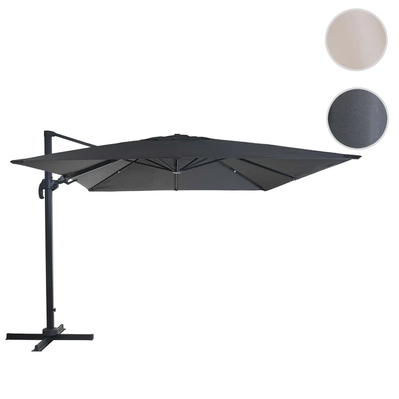 Parasol professionnel restaurant pour jardin terrasse, 3x3m (Ø4,24m) pivotant, polyester aluminium/acier 23kg anthracite sans pied, rotatif 04_0003440