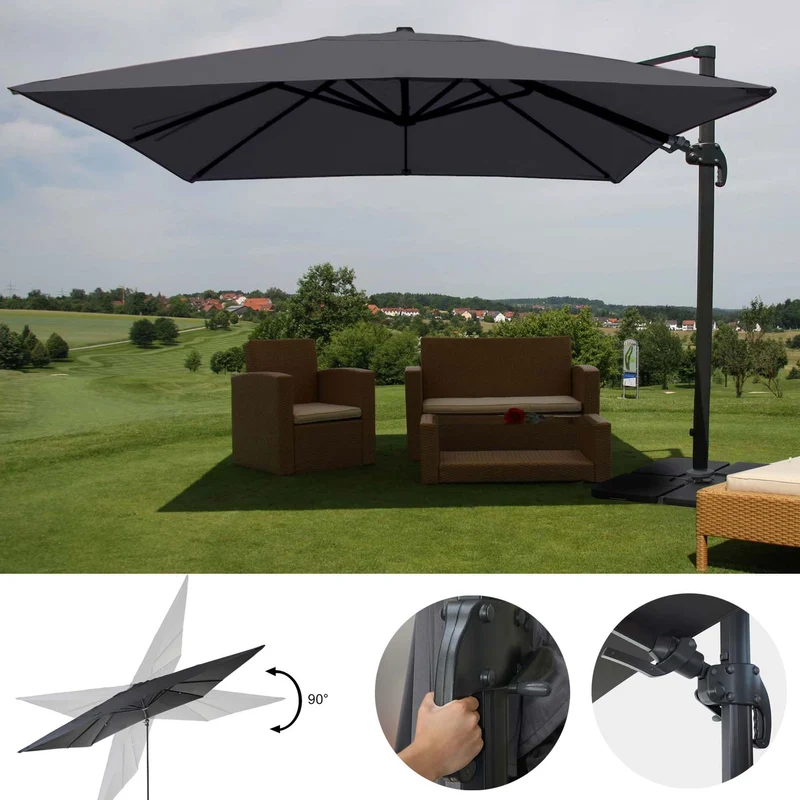 Parasol professionnel restaurant pour jardin terrasse, 3x3m (Ø4,24m) pivotant, polyester aluminium/acier 23kg anthracite avec pied, rotatif 04_0003294