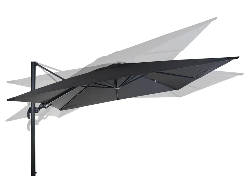 Parasol professionnel restaurant pour jardin terrasse, 3x3m (Ø4,24m) pivotant, polyester aluminium/acier 23kg anthracite avec pied, rotatif 04_0003294