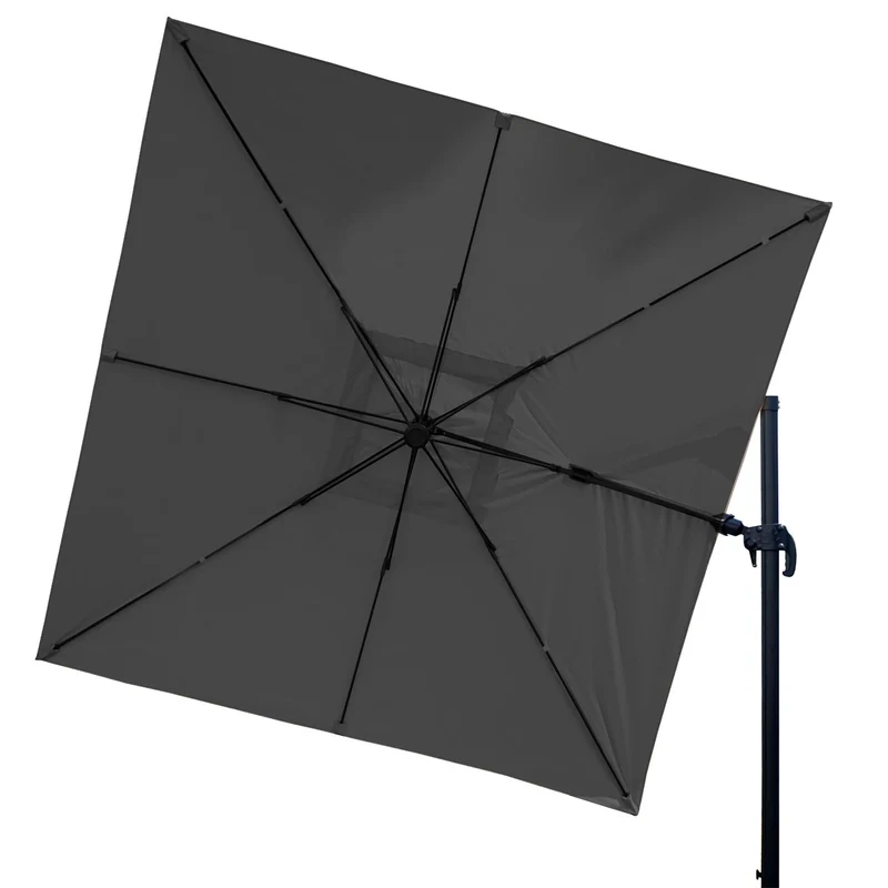 Parasol professionnel restaurant pour jardin terrasse 3x3m (Ø4,24m) pivotant, polyester aluminium/acier 23kg anthracite sans pied 04_0003291