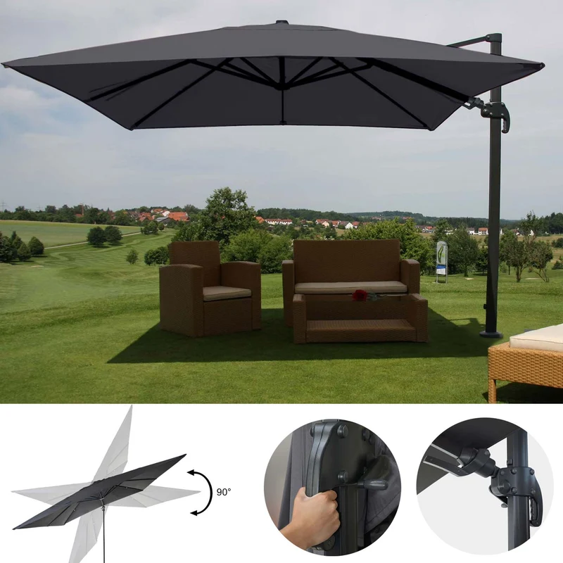 Parasol professionnel restaurant pour jardin terrasse 3x3m (Ø4,24m) pivotant, polyester aluminium/acier 23kg anthracite sans pied 04_0003291