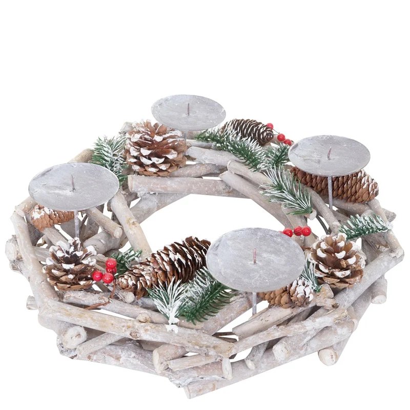 Couronne de l'Avent ronde décoration de table Noël en bois Ø 35cm blanc-gris avec bougies blanc 04_0002565