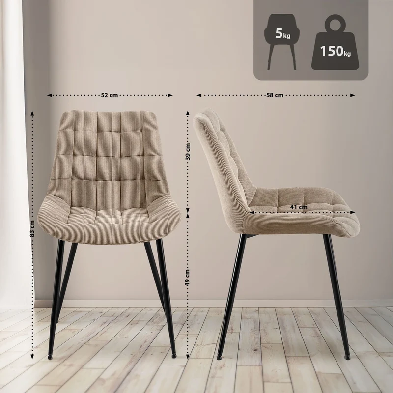 Chaise de salle à manger x1 rembourrée à coutures décoratives en velours côtelé beige pieds métal noir 10_0008265