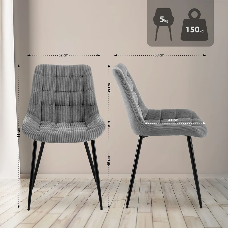 Chaise de salle à manger x1 rembourrée à coutures décoratives en velours côtelé gris pieds métal noir 10_0008264