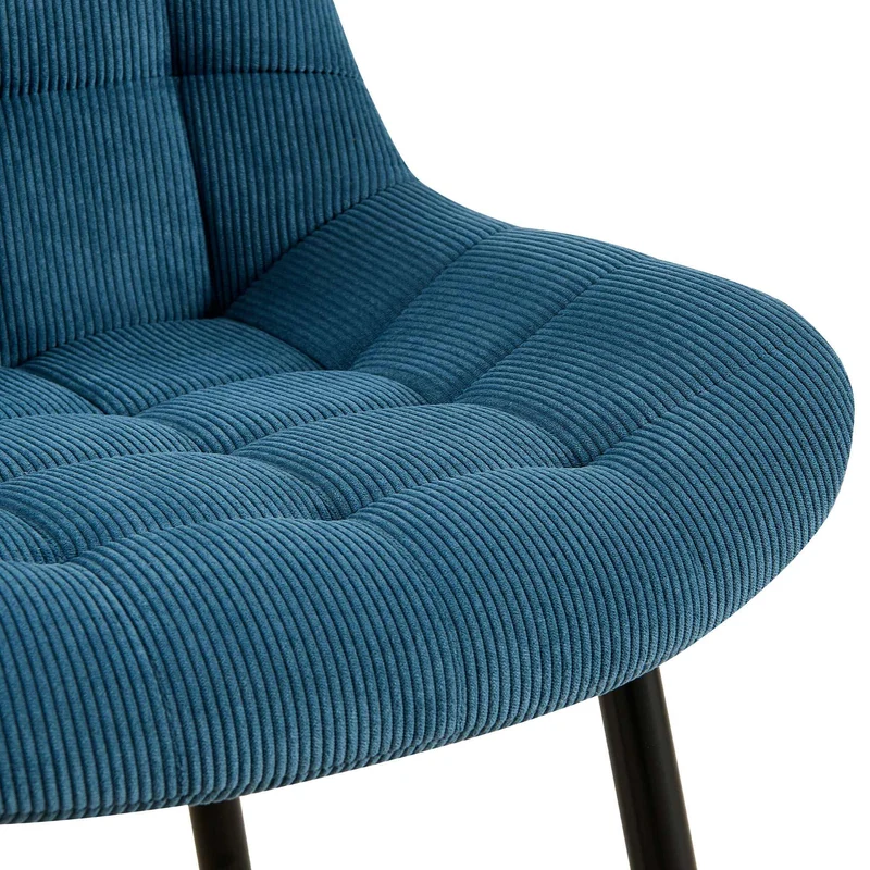 Chaise de salle à manger x1 rembourrée à coutures décoratives en velours côtelé bleu pieds métal noir 10_0008263