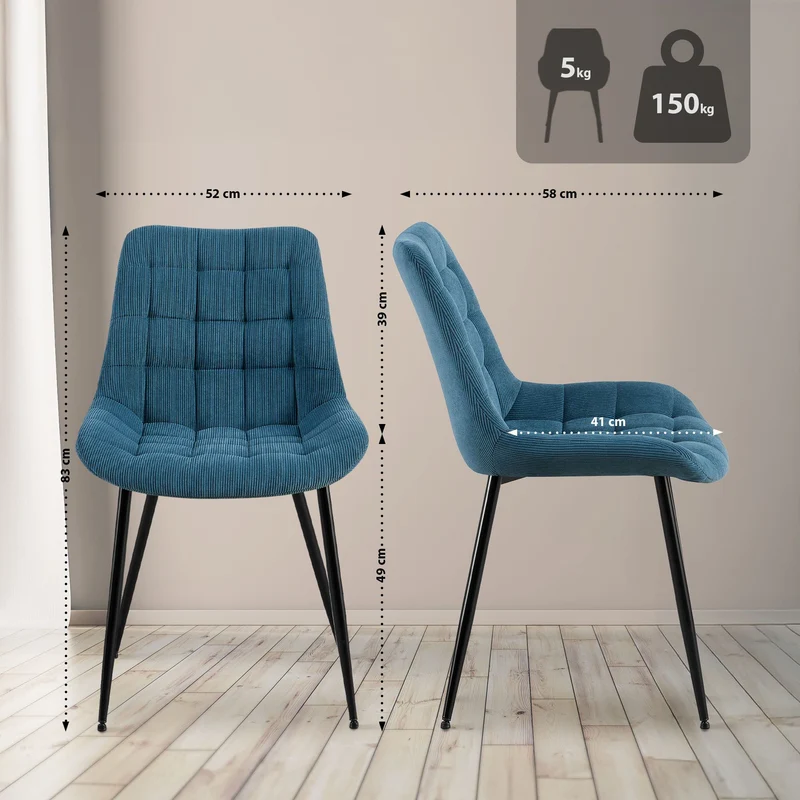 Chaise de salle à manger x1 rembourrée à coutures décoratives en velours côtelé bleu pieds métal noir 10_0008263