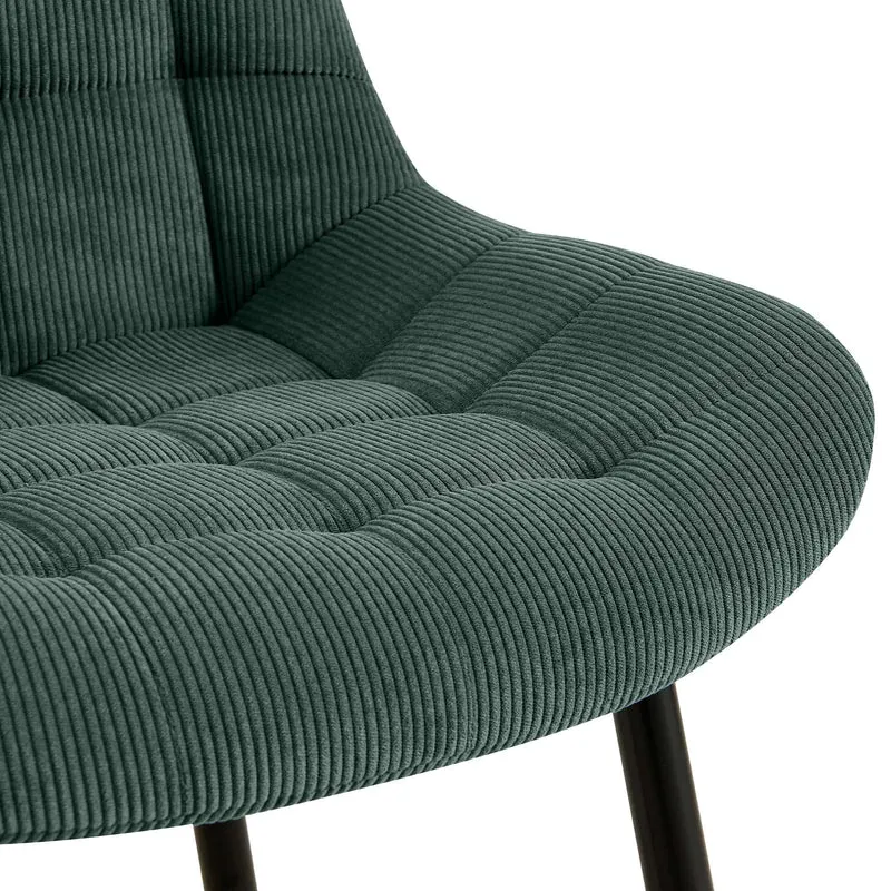 Chaise de salle à manger x1 rembourrée à coutures décoratives en velours côtelé vert pieds métal noir 10_0008262