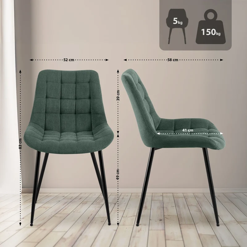 Chaise de salle à manger x1 rembourrée à coutures décoratives en velours côtelé vert pieds métal noir 10_0008262