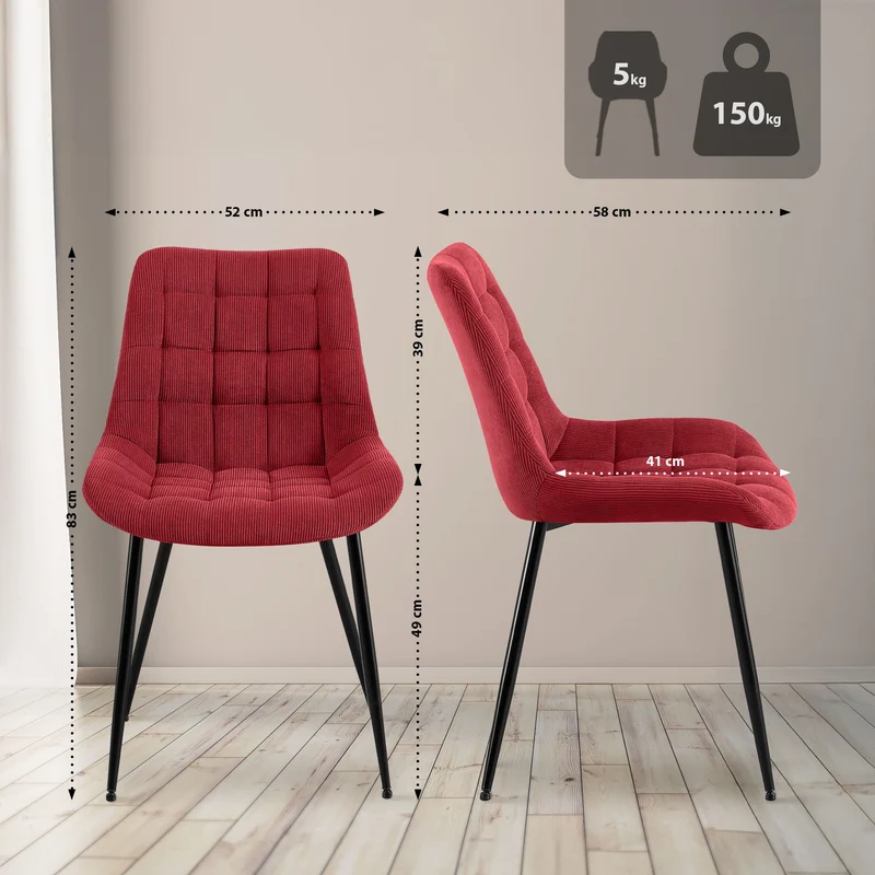 Chaise de salle à manger x1 rembourrée à coutures décoratives en velours côtelé bordeaux pieds métal noir 10_0008261