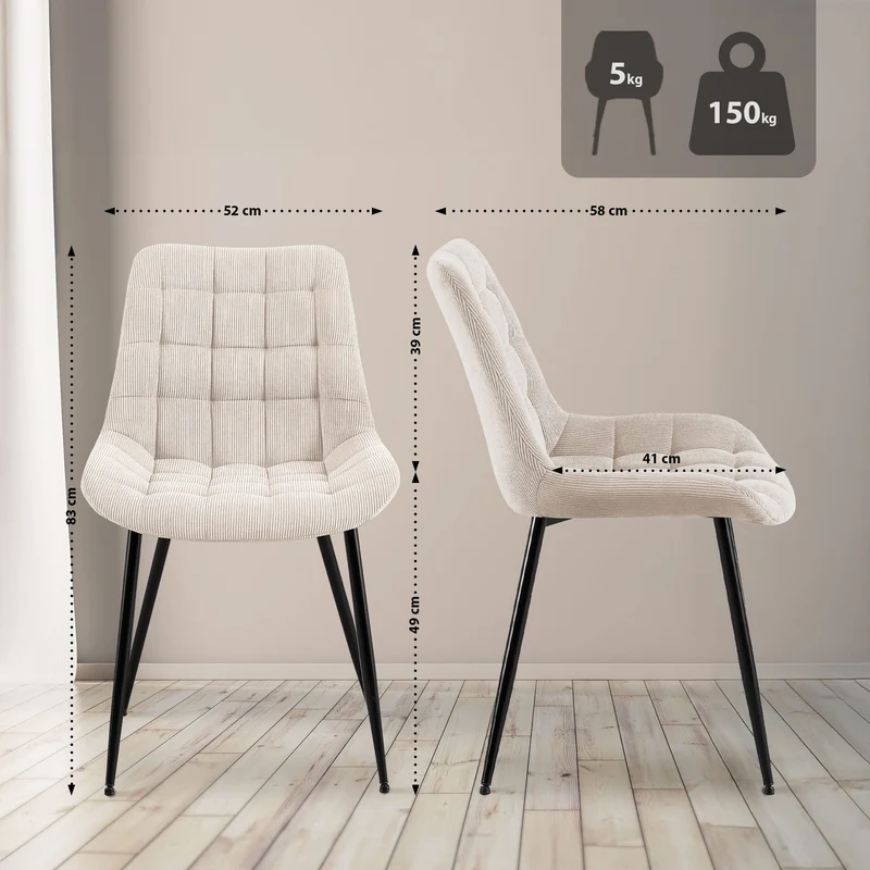 Chaise de salle à manger x1 rembourrée à coutures décoratives en velours côtelé crème pieds métal noir 10_0008260