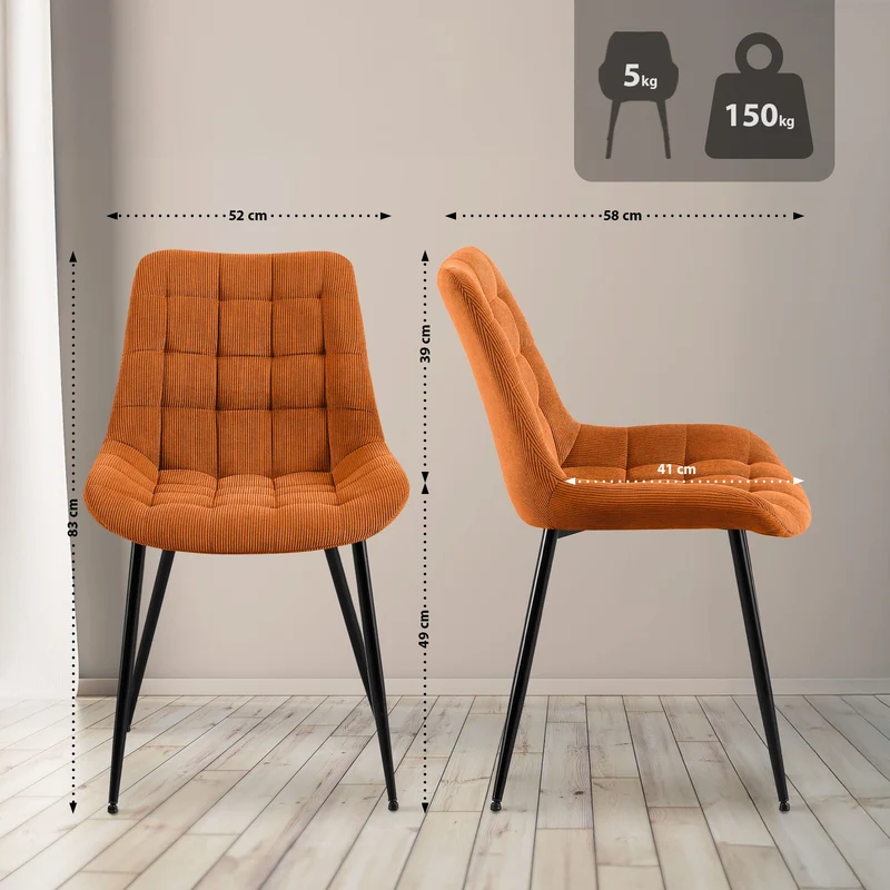Chaise de salle à manger x1 rembourrée à coutures décoratives en velours côtelé orange pieds métal noir 10_0008259
