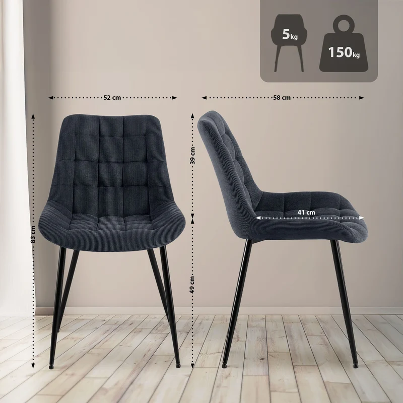 Chaise de salle à manger x1 rembourrée à coutures décoratives en velours côtelé noir pieds métal noir 10_0008258
