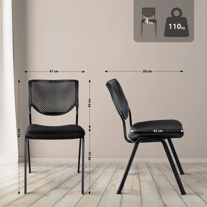 Chaise visiteur empilable noire avec dossier perforé et assise tissu noir cadre en métal 10_0008269