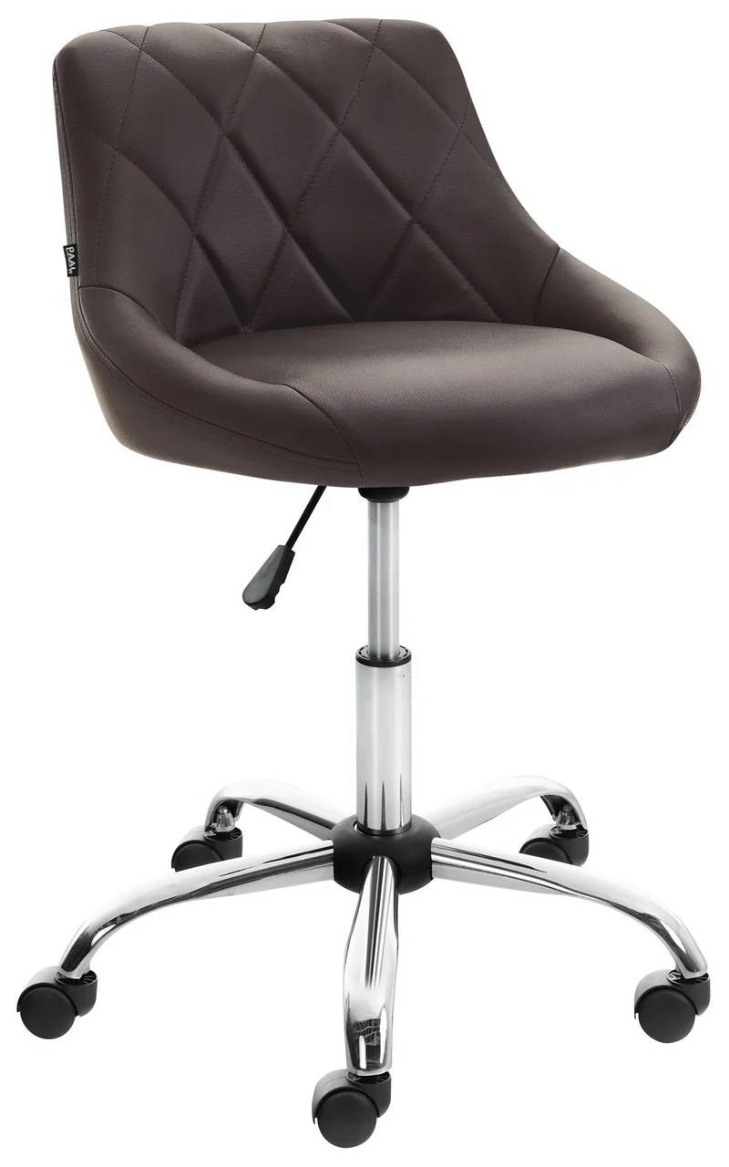 Tabouret de travail sur roulettes en PVC couleur marron dossier à coutures en losanges cadre métal chromé 10_0008466