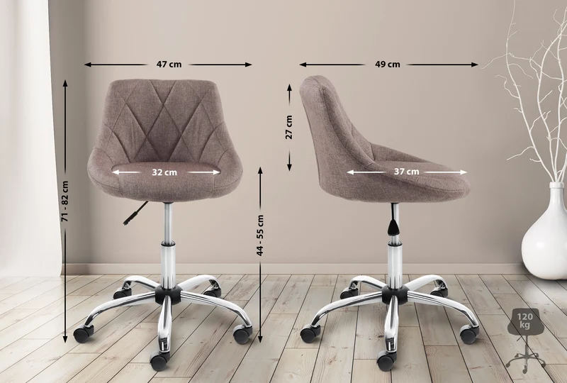Tabouret de travail sur roulettes en tissu couleur taupe dossier à coutures en losanges cadre métal chromé 10_0008364