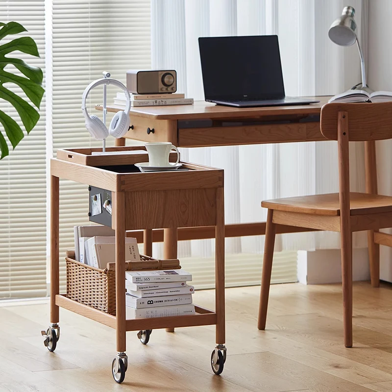 Contemporary Nordic Cherry Wood Oak Plywood Glass Rectangular Cart Movable End Table With 2-Tier Storage For Living Room And Bedroom