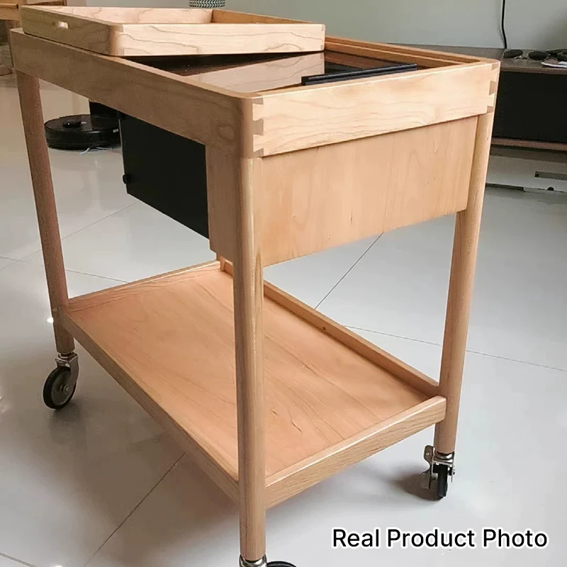 Contemporary Nordic Cherry Wood Oak Plywood Glass Rectangular Cart Movable End Table With 2-Tier Storage For Living Room And Bedroom