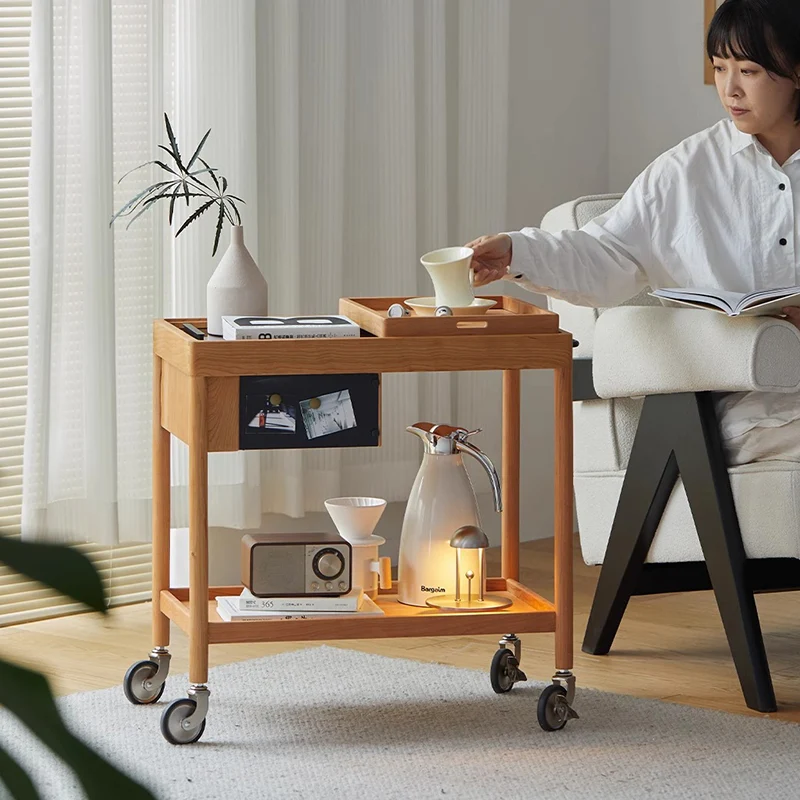 Contemporary Nordic Cherry Wood Oak Plywood Glass Rectangular Cart Movable End Table With 2-Tier Storage For Living Room And Bedroom
