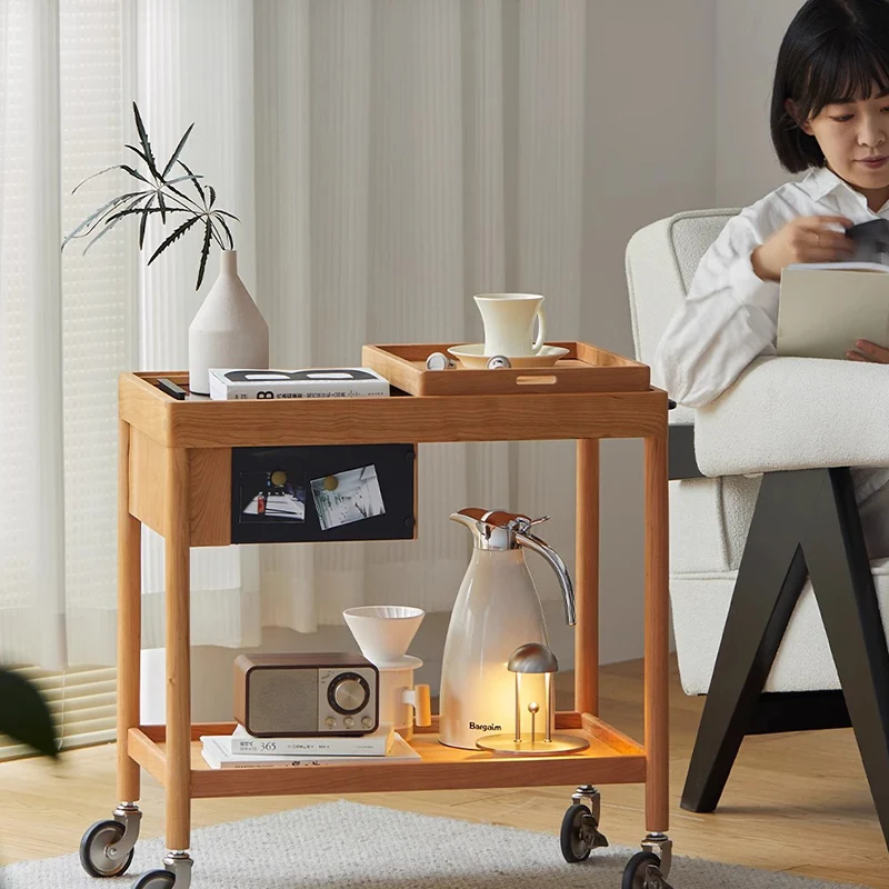 Contemporary Nordic Cherry Wood Oak Plywood Glass Rectangular Cart Movable End Table With 2-Tier Storage For Living Room And Bedroom