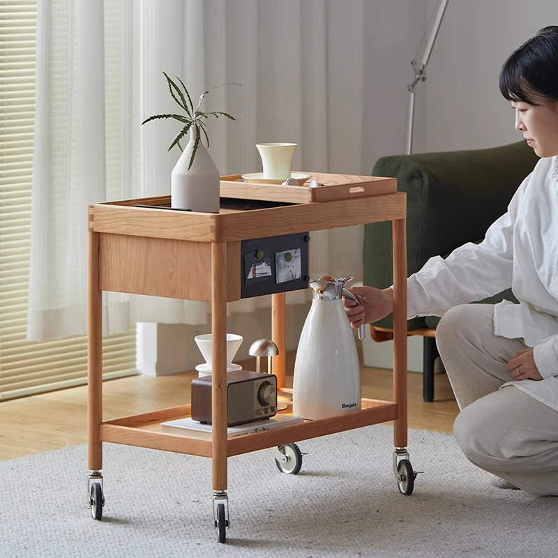 Contemporary Nordic Cherry Wood Oak Plywood Glass Rectangular Cart Movable End Table With 2-Tier Storage For Living Room And Bedroom