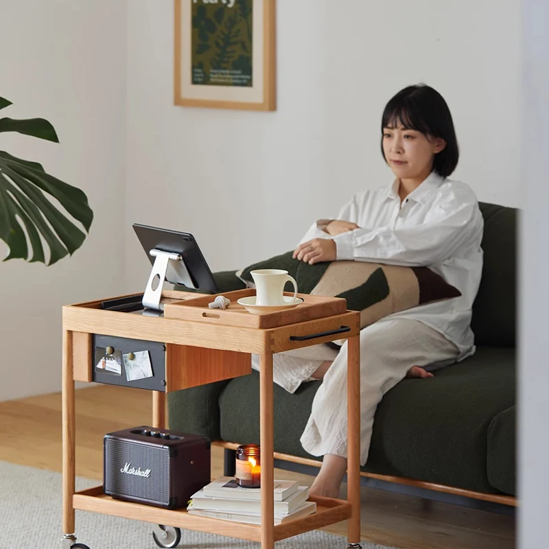 Contemporary Nordic Cherry Wood Oak Plywood Glass Rectangular Cart Movable End Table With 2-Tier Storage For Living Room And Bedroom