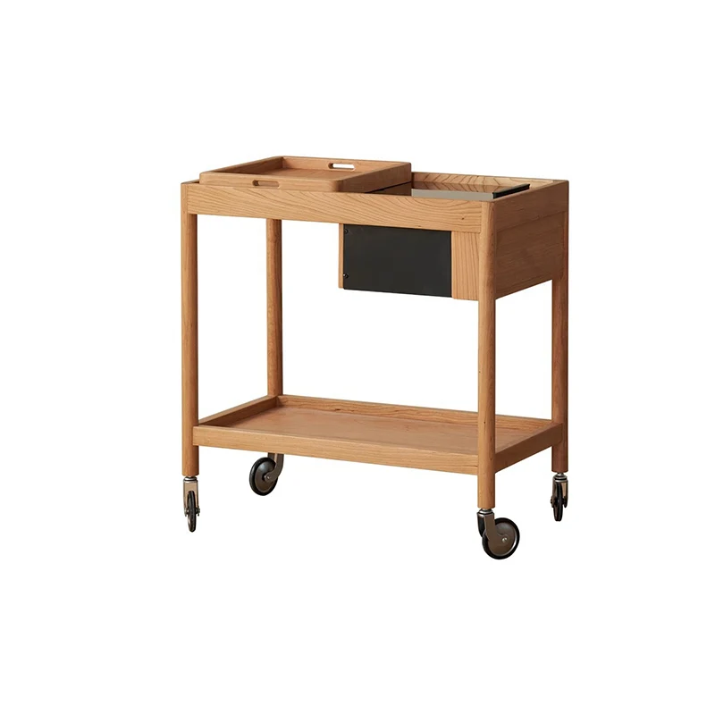 Contemporary Nordic Cherry Wood Oak Plywood Glass Rectangular Cart Movable End Table With 2-Tier Storage For Living Room And Bedroom
