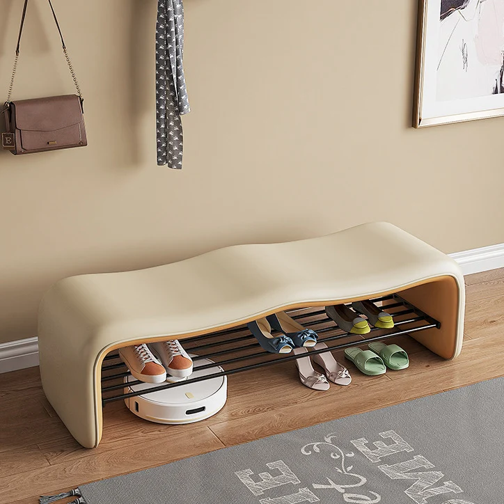Modern Minimalist Faux Leather & Metal Wavy Rectangular Shoe Bench For Entryway