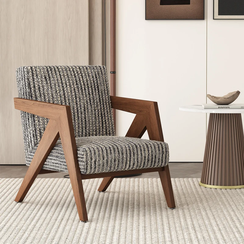 Traditional Chinese Rubber Wood Linen Fabric Velvet Square Accent Chair With Backrest Armrest For Living Room