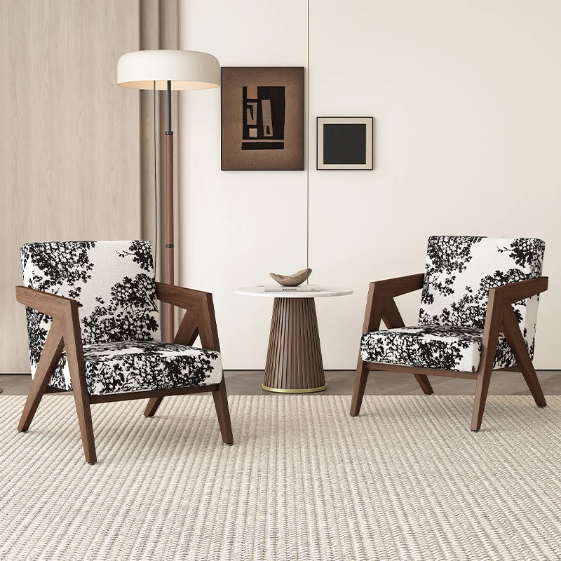 Traditional Chinese Rubber Wood Linen Fabric Velvet Square Accent Chair With Backrest Armrest For Living Room