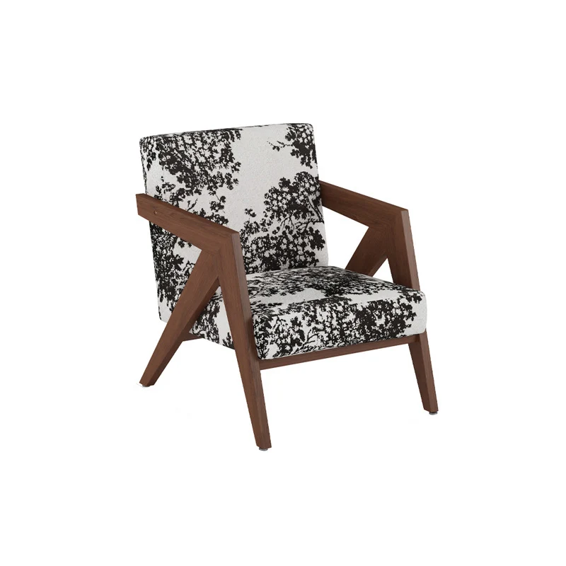 Traditional Chinese Rubber Wood Linen Fabric Velvet Square Accent Chair With Backrest Armrest For Living Room