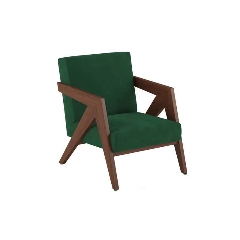 Traditional Chinese Rubber Wood Linen Fabric Velvet Square Accent Chair With Backrest Armrest For Living Room
