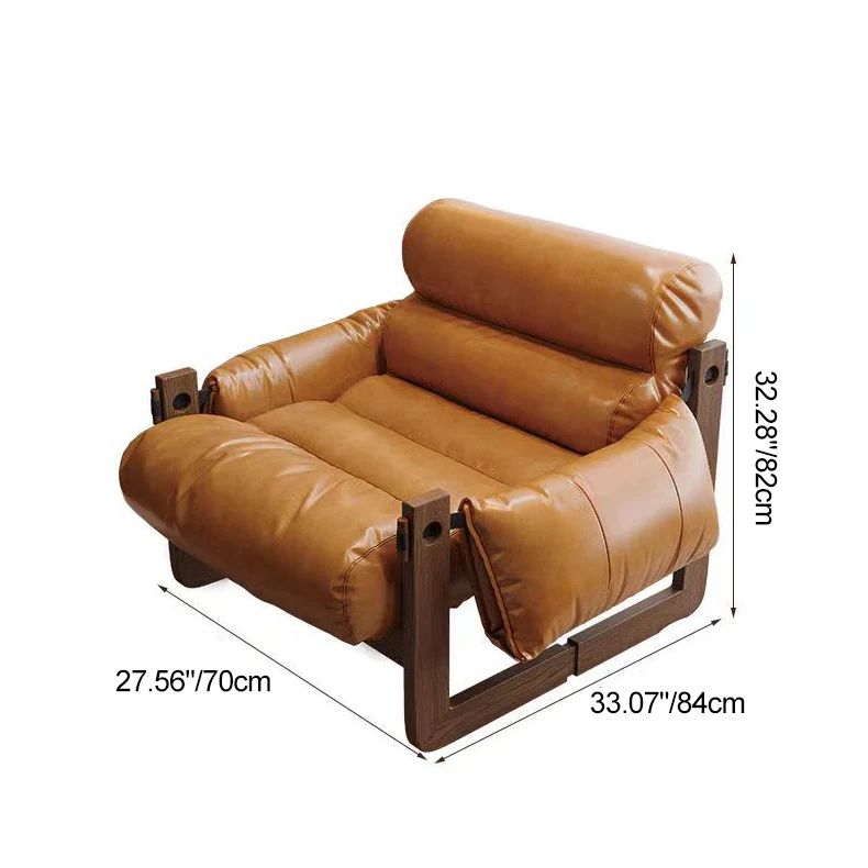 Traditional Chinese Faux Oil-Wax Leather Solid Wood Square-Rounded Accent Chair With Backrest Armrest For Living Room