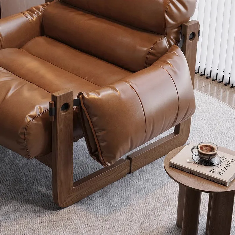 Traditional Chinese Faux Oil-Wax Leather Solid Wood Square-Rounded Accent Chair With Backrest Armrest For Living Room