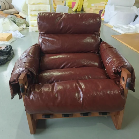 Traditional Chinese Faux Oil-Wax Leather Solid Wood Square-Rounded Accent Chair With Backrest Armrest For Living Room