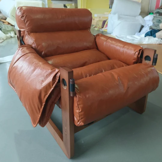 Traditional Chinese Faux Oil-Wax Leather Solid Wood Square-Rounded Accent Chair With Backrest Armrest For Living Room