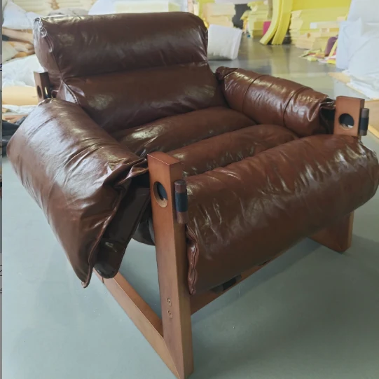 Traditional Chinese Faux Oil-Wax Leather Solid Wood Square-Rounded Accent Chair With Backrest Armrest For Living Room