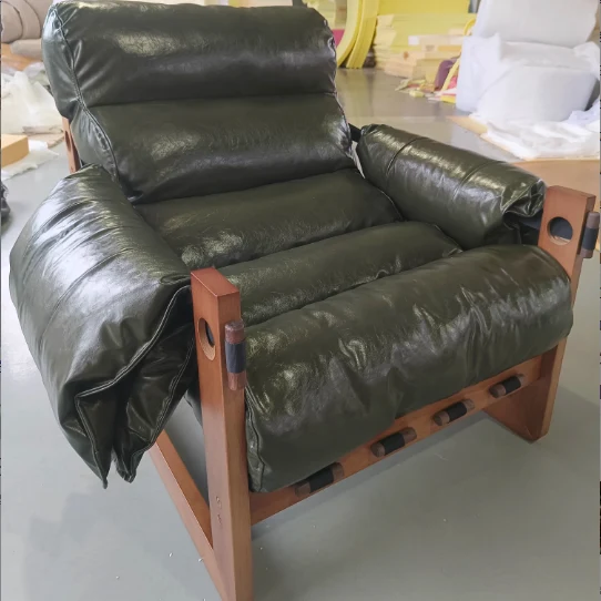 Traditional Chinese Faux Oil-Wax Leather Solid Wood Square-Rounded Accent Chair With Backrest Armrest For Living Room