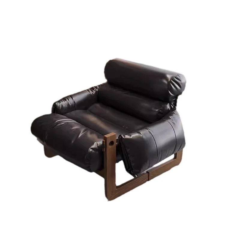 Traditional Chinese Faux Oil-Wax Leather Solid Wood Square-Rounded Accent Chair With Backrest Armrest For Living Room
