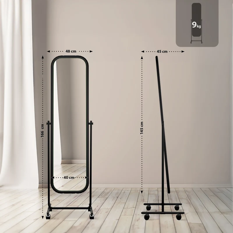 Miroir sur pied rectangulaire à angles arrondis 166 × 48 cm avec roulettes pivotant à 360° cadre métal noir 10_0008353