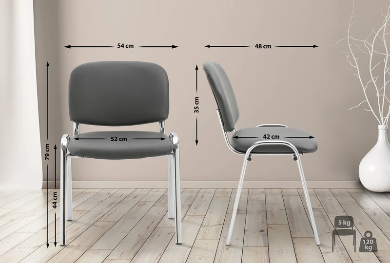 Chaise visiteur empilable zone d'attente en PVC gris piètement à 4 pieds en métal chromé 10_0008397