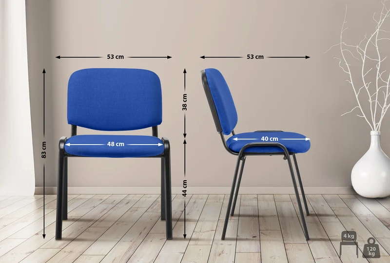 Chaise visiteur empilable zone d'attente en tissu bleu piètement à 4 pieds en métal noir 10_0008301