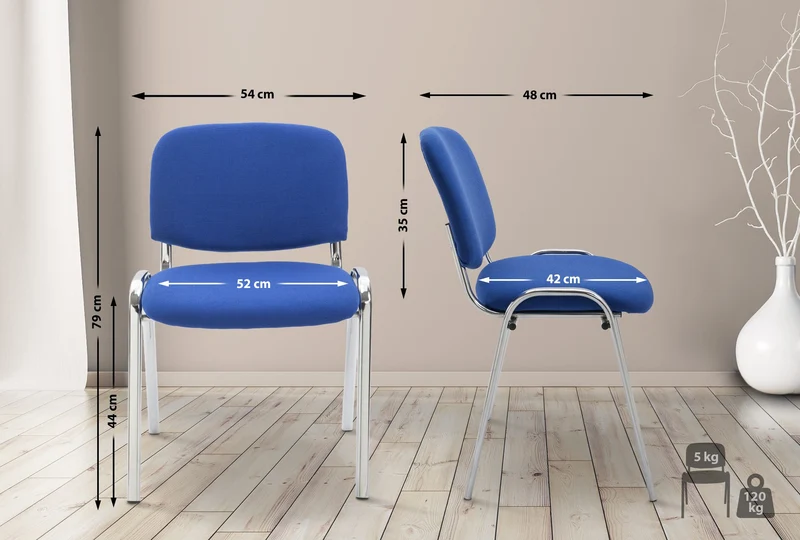 Chaise visiteur empilable zone d'attente en tissu bleu piètement à 4 pieds en métal chromé 10_0008290